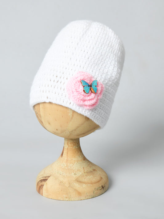 White Handmade Woollen Cap for Girls with Flower