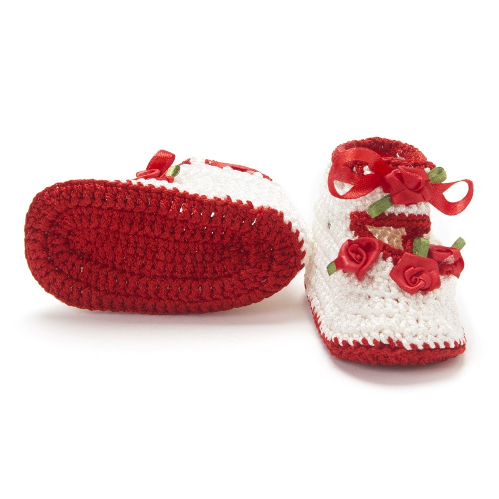 Red & White Crochet Baby Booties with Headband for Girls