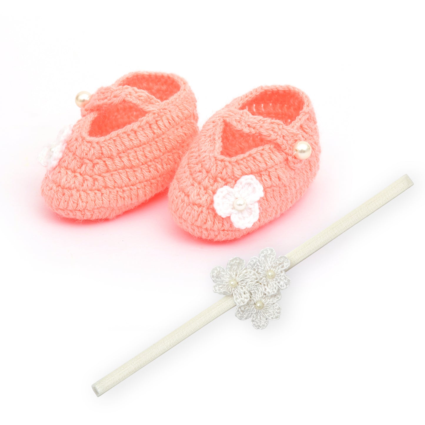 Pink Woollen Baby Booties with Headband for Girls