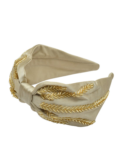 Beige Embroidered Knotted Hairband for Girls