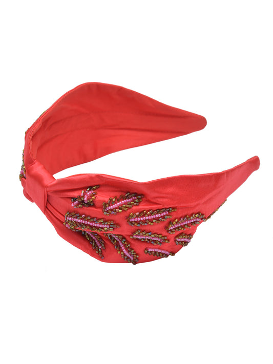 Red Embroidered Knotted Hairband for Girls