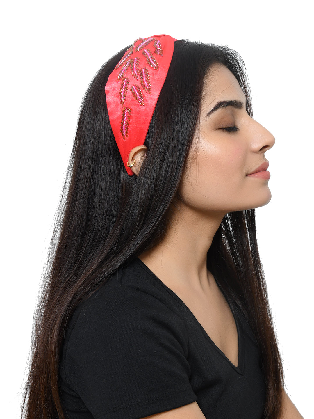 Red Embroidered Knotted Hairband for Girls