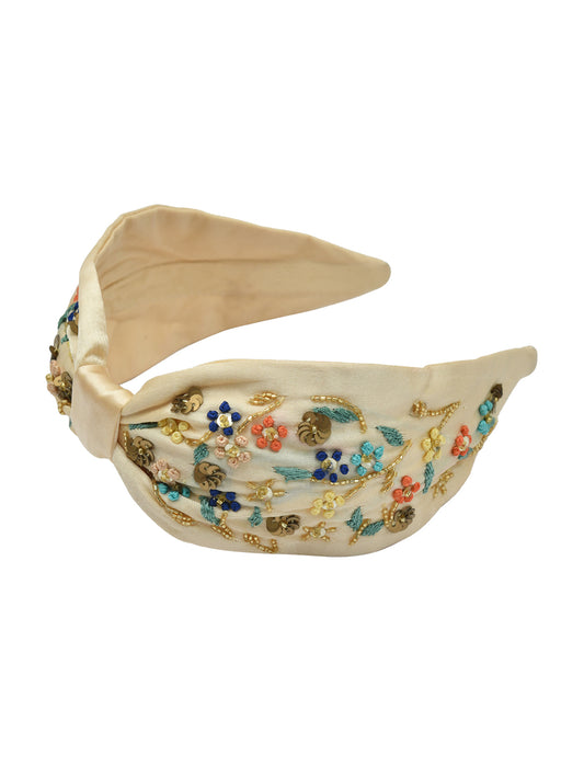Beige Embroidered Knotted Girls Hairband
