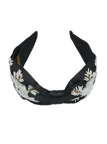 Black Embroidered Knotted Hairband for Girls