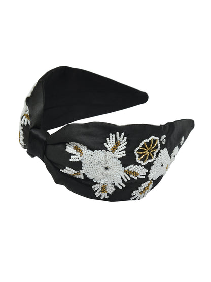 Black Embroidered Knotted Hairband for Girls