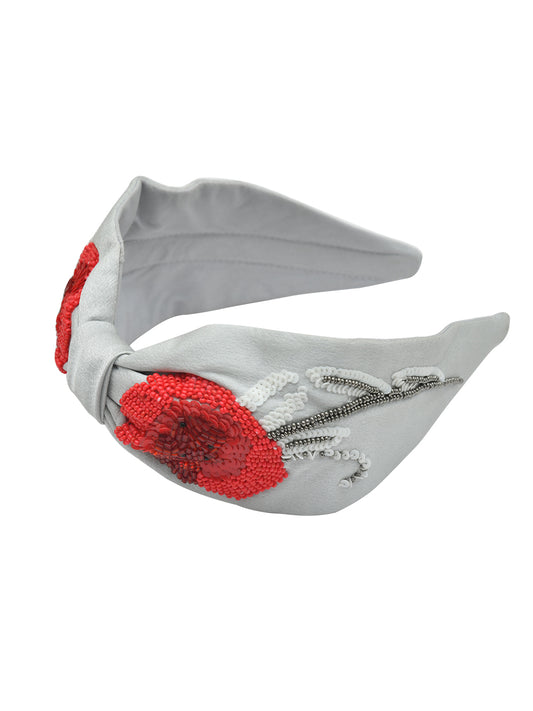 Grey Embroidered Knotted Girls Hairband