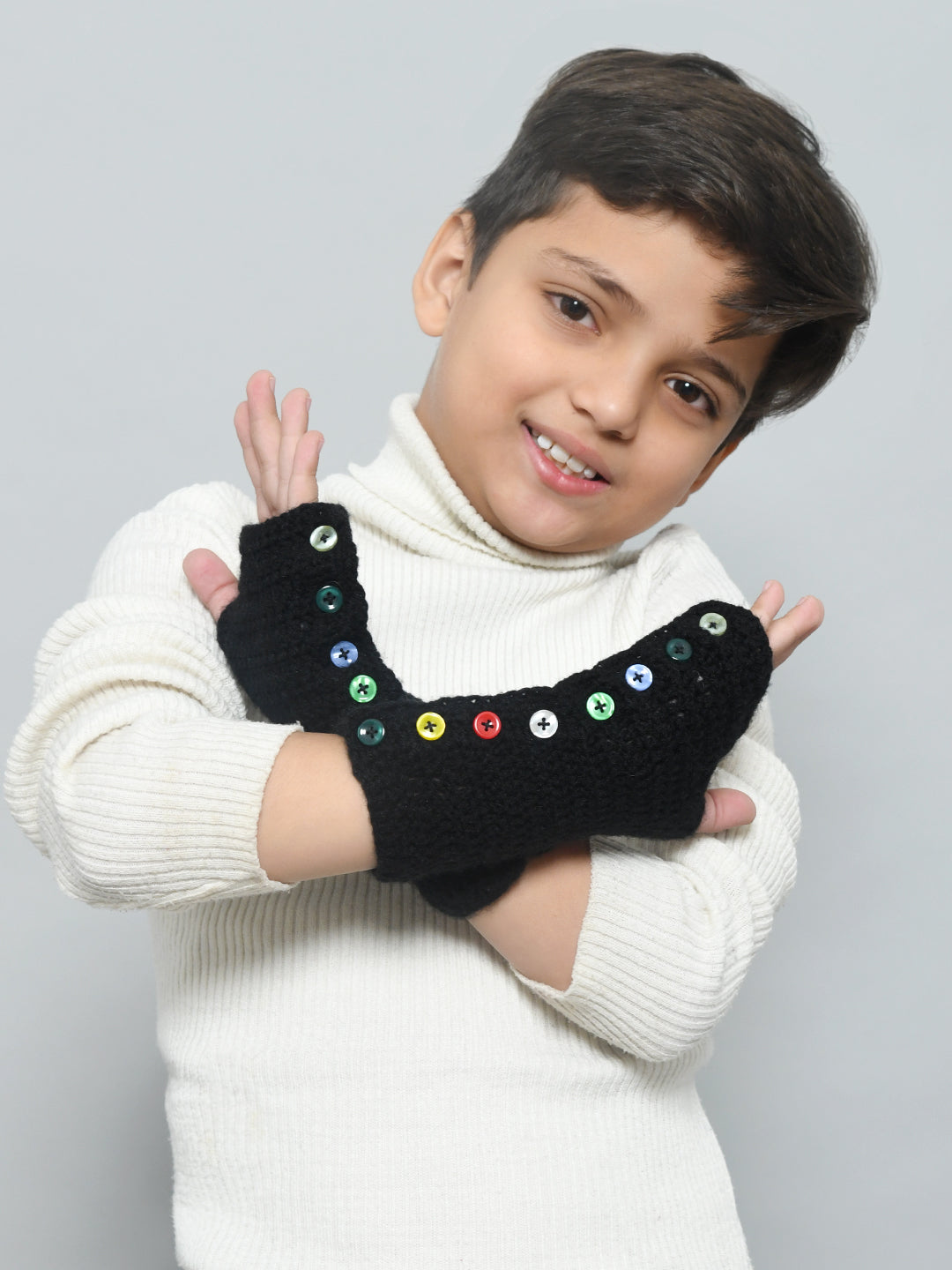 Black Adjustable Handmade Woollen Fingerless Gloves For Girls and Boys
