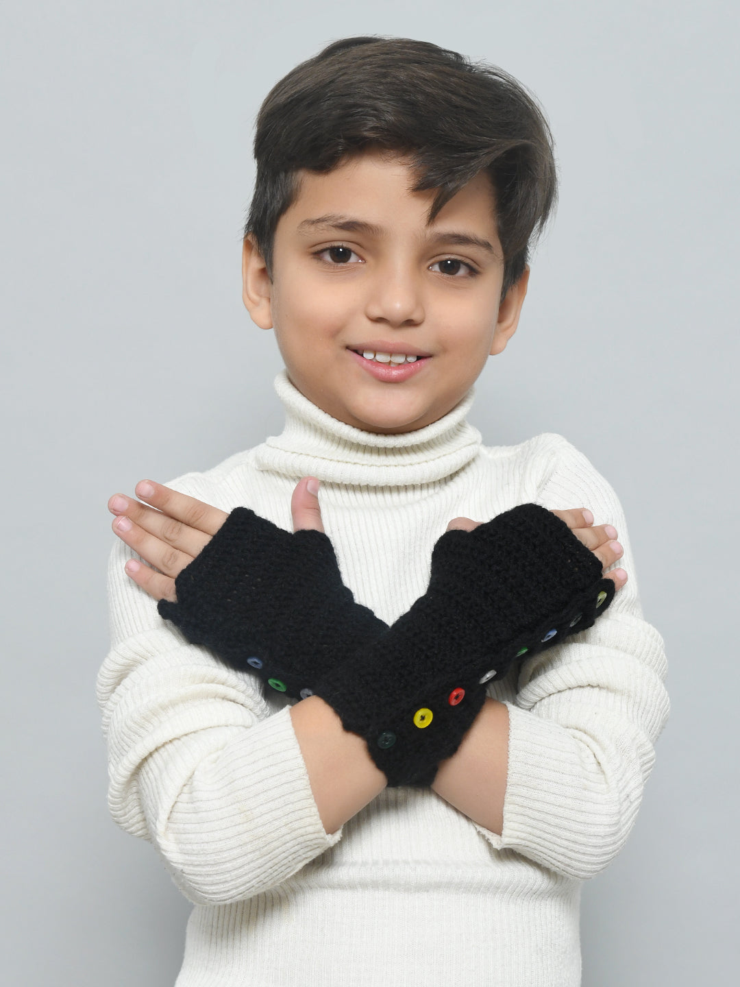 Black Adjustable Handmade Woollen Fingerless Gloves For Girls and Boys