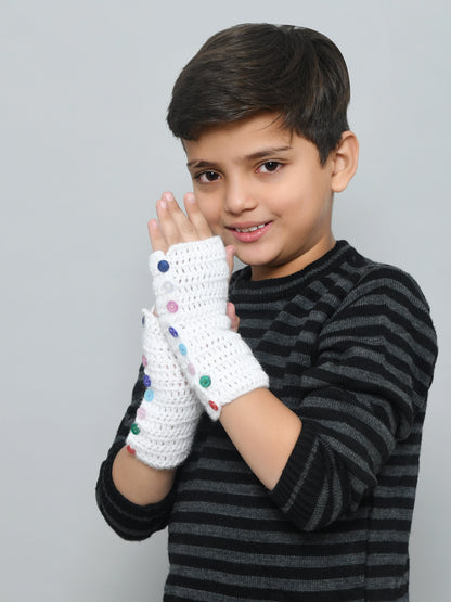 White Adjustable Handmade Woollen Fingerless Gloves For Girls and Boys