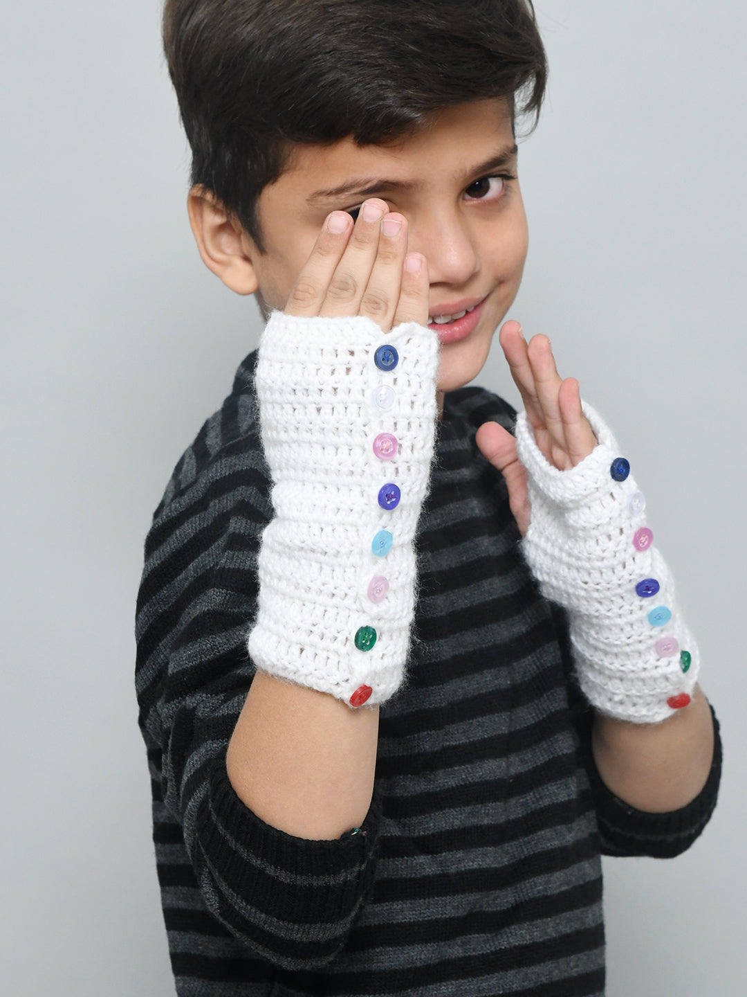 Black Adjustable Handmade Woollen Fingerless Gloves For Girls and Boys 5-10 Y / Pink