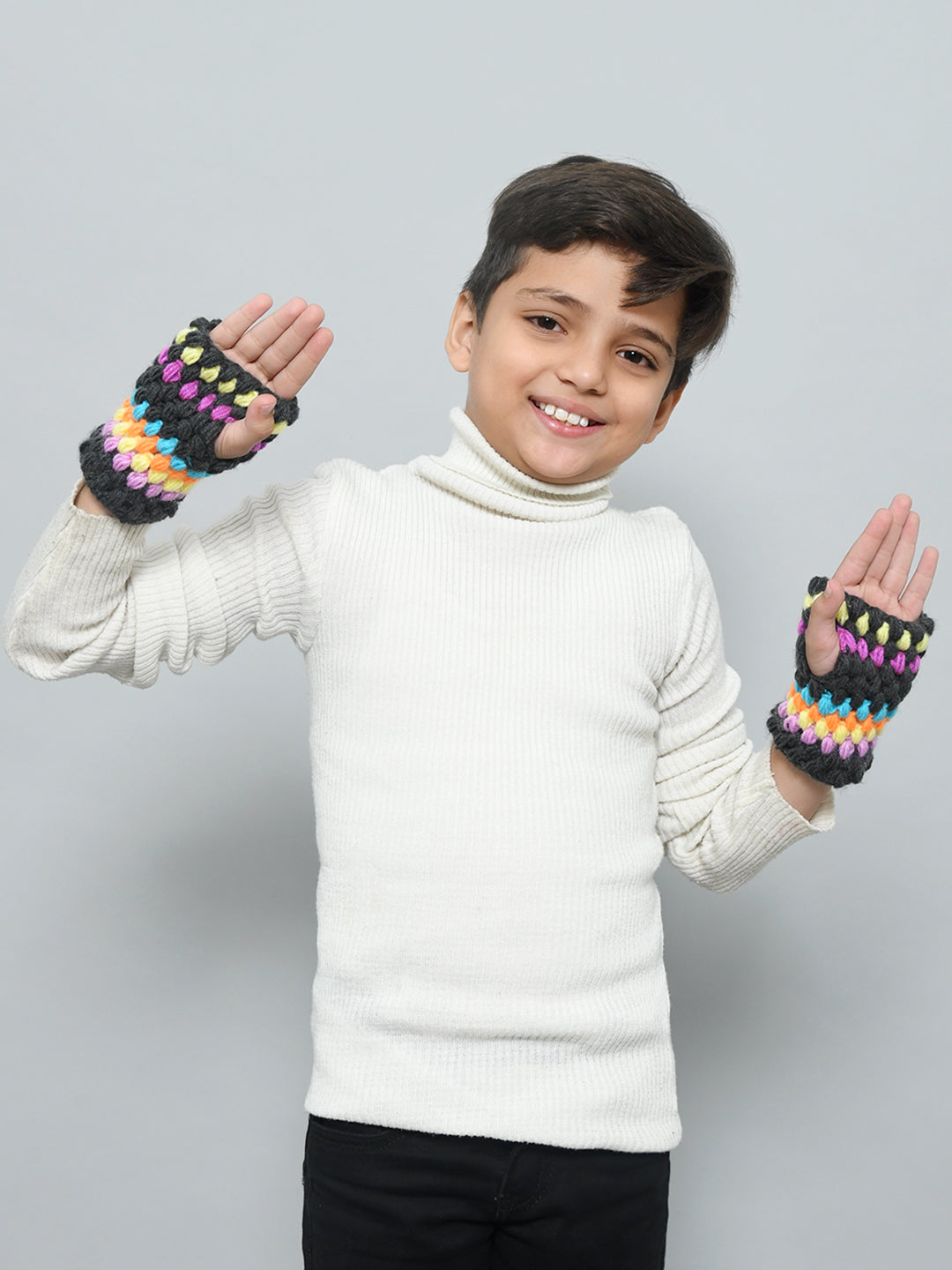 Multicolor Handmade Woollen Bubble Fingerless Gloves For Girls and Boys