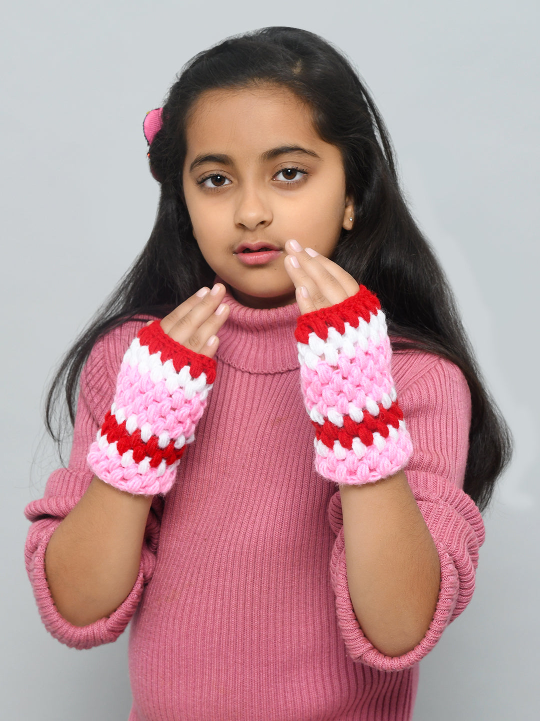 Pink Handmade Woollen Bubble Fingerless Gloves For Girls