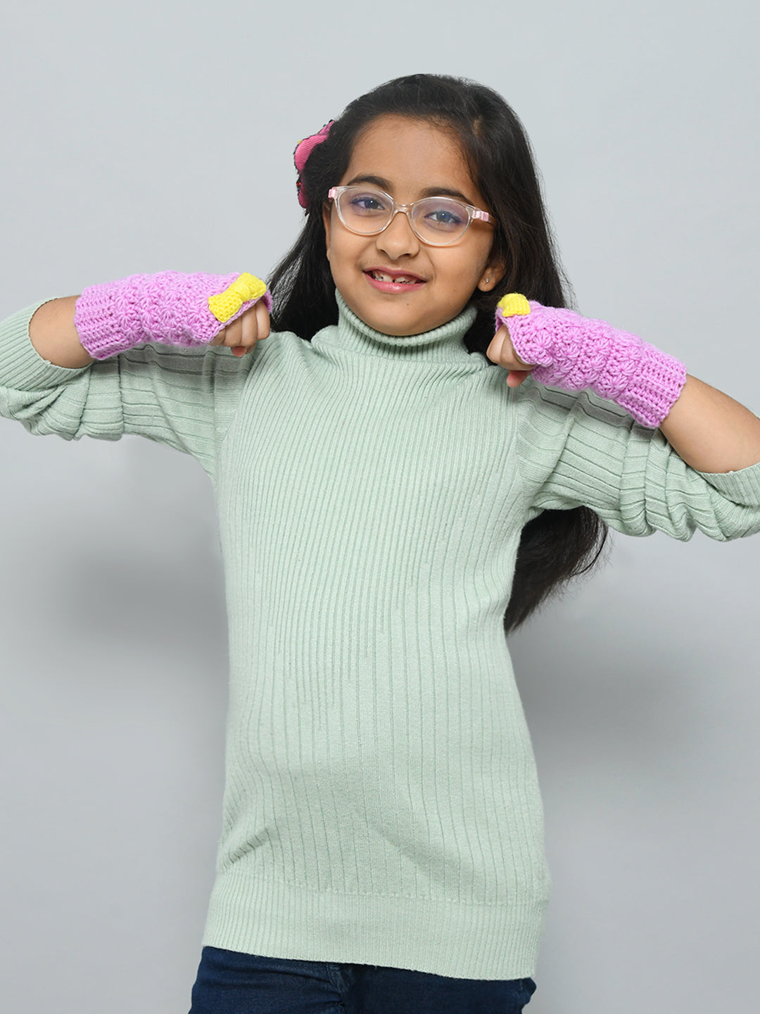 Blue Handmade Woollen Fingerless Gloves For Girls
