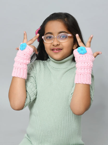 Pink Handmade Woollen Fingerless Gloves For Girls