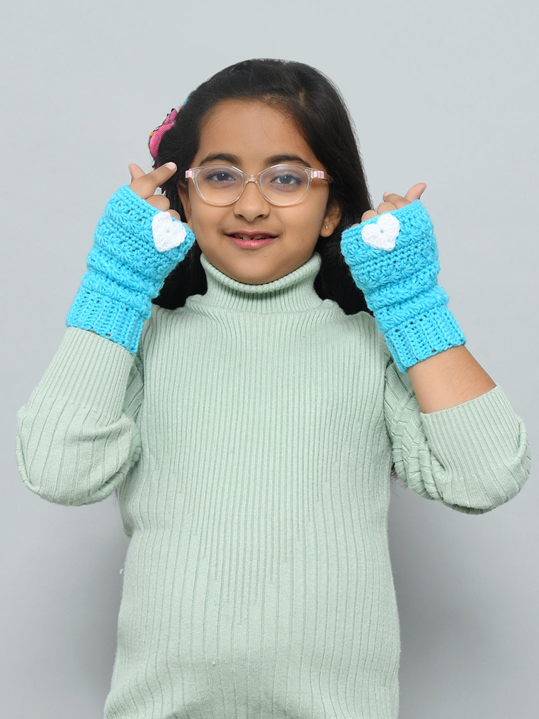 Pink Handmade Woollen Fingerless Gloves For Girls