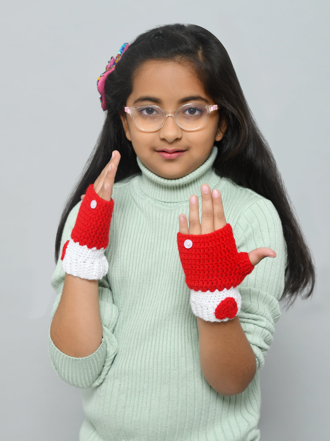 Red & Black Handmade Woollen Fingerless Gloves For Girls and Boys
