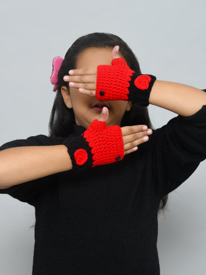 Red & White Handmade Woollen Fingerless Gloves For Girls and Boys