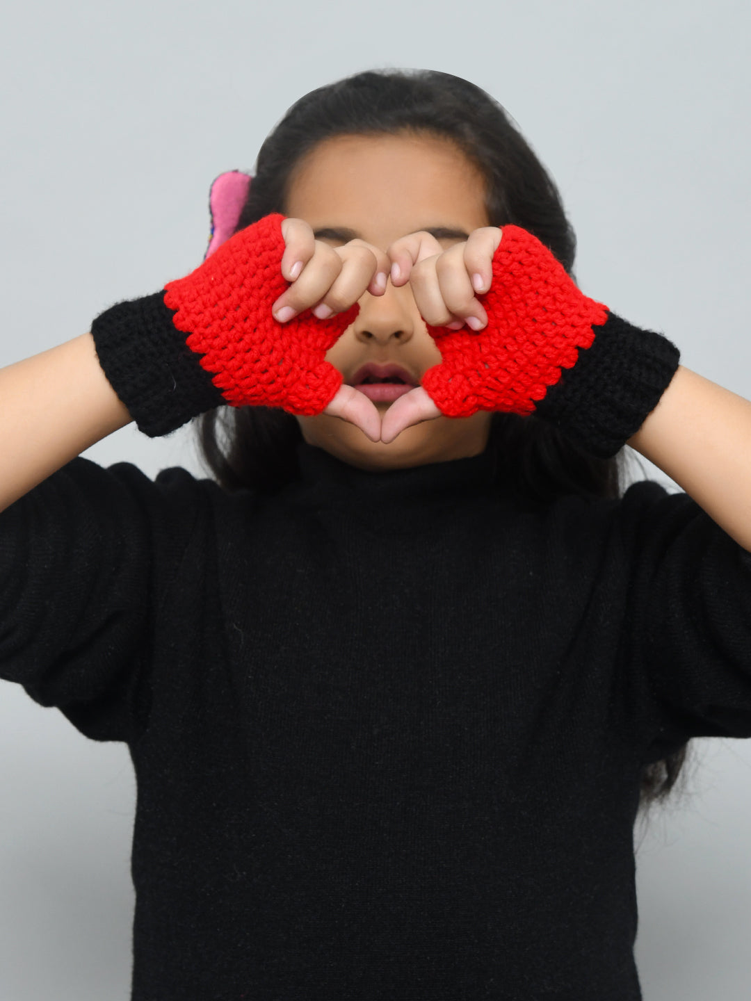 Red & Black Handmade Woollen Fingerless Gloves For Girls and Boys