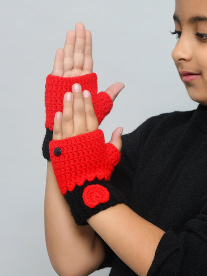 Red & White Handmade Woollen Fingerless Gloves For Girls and Boys