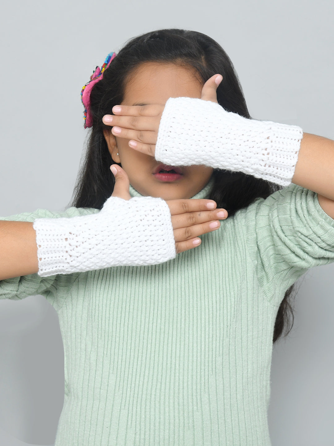 White Handmade Woollen Fingerless Gloves For Girls and Boys