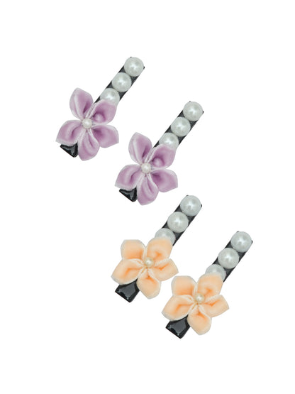 Set of 4 Multicolor Floral & Beats Hair Clips for Girls