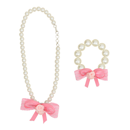 Pink Pearl Necklace & Bracelet With Rose