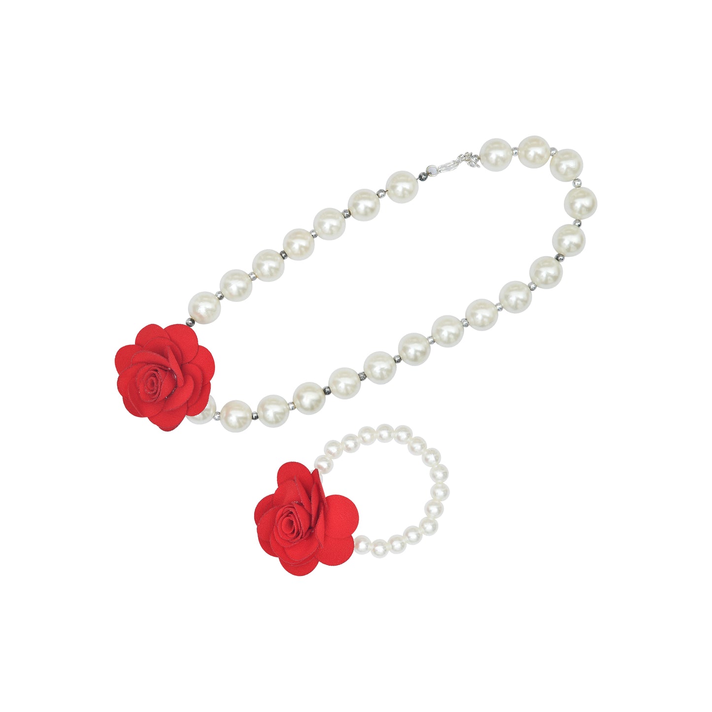 Red Pearl Necklace & Bracelet With Rose