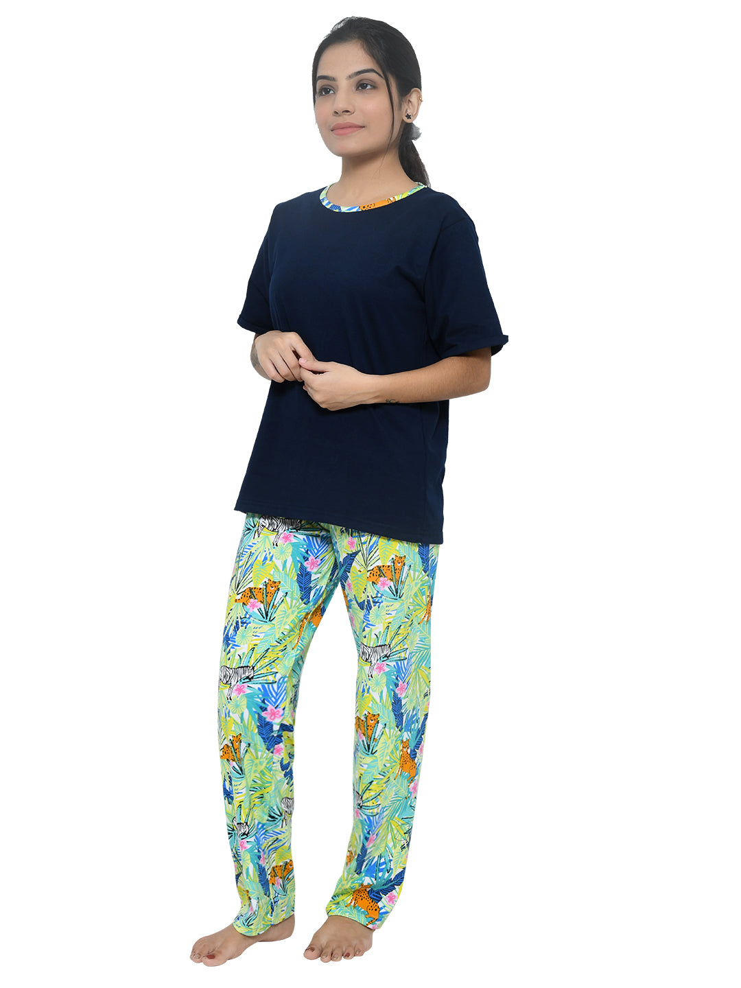 Multicolor Jungle Printed Cotton Night Suit for Girls