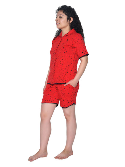 Girls Red & Black Dots Printed Night suit