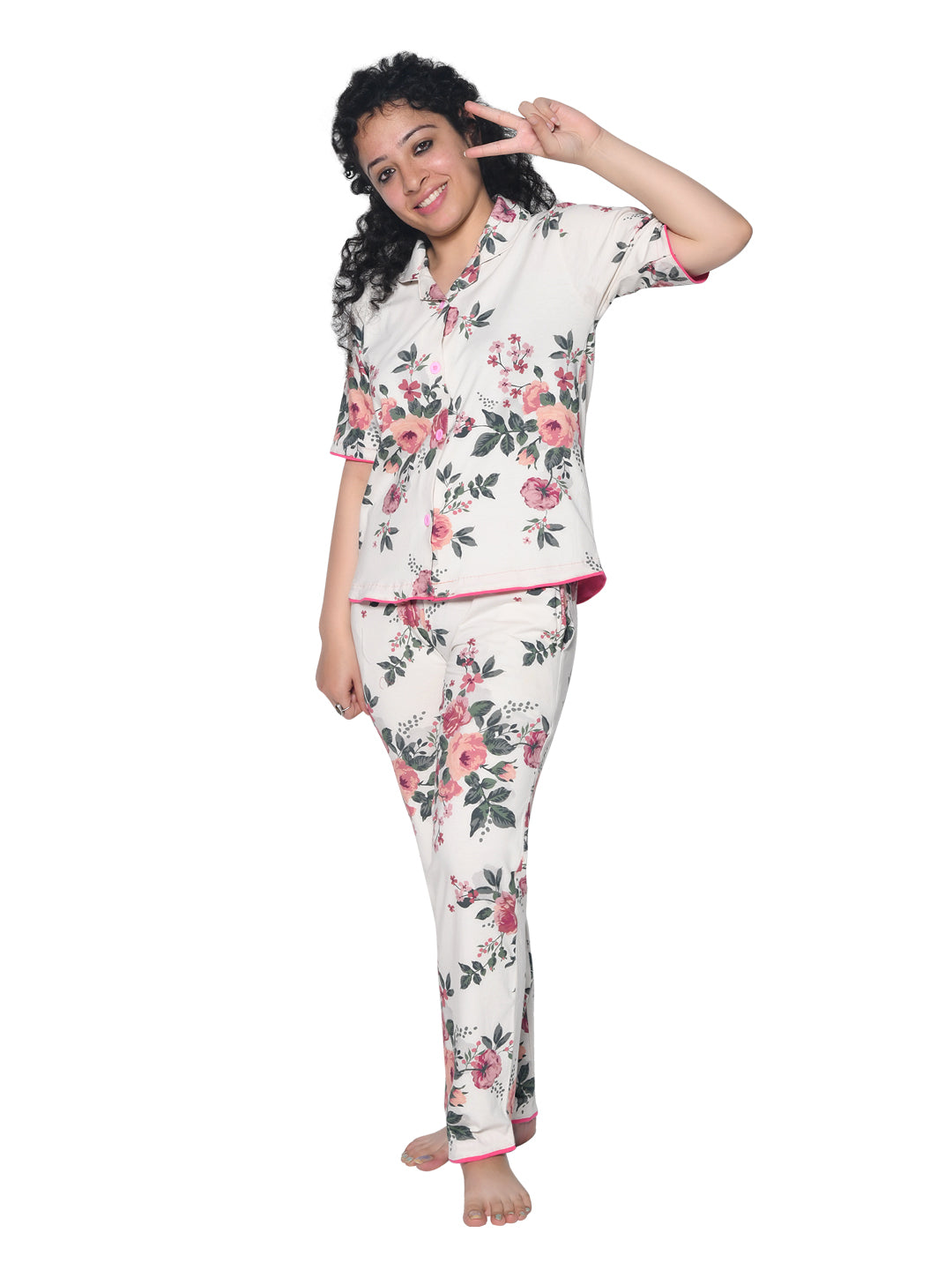 Girls Off White & Multi Floral Printed Night suit
