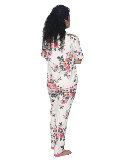 Girls Off White & Multi Floral Printed Night suit
