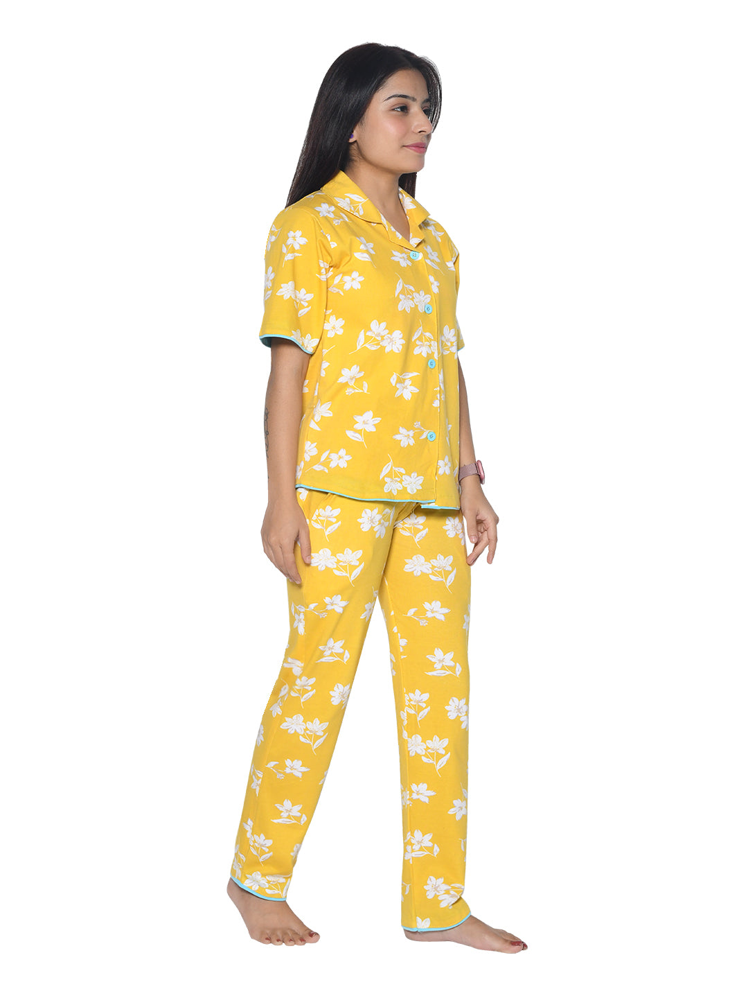 Mustard Floral Printed Night suit for Girls