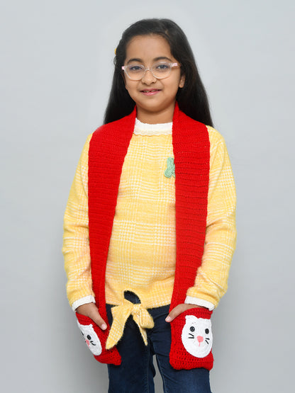 Red Handmade Woollen Muffler For Kids With Pockets