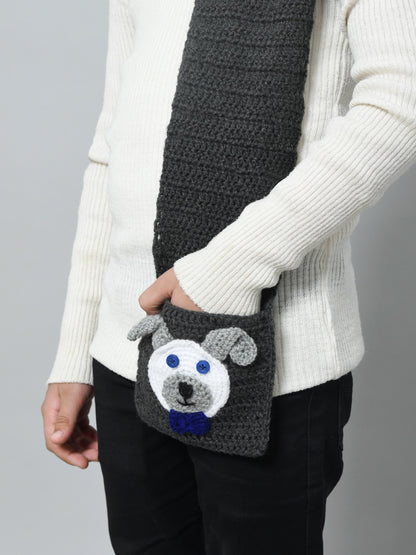 Grey Handmade Woollen Muffler For Kids With Pockets