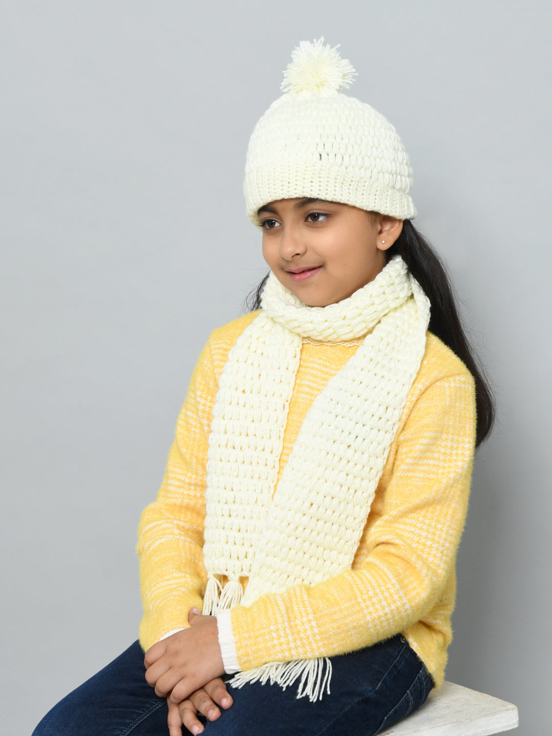 Yellow Handmade Woollen Bubble Muffler with Cap Set For Girls