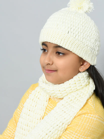 Yellow Handmade Woollen Bubble Muffler with Cap Set For Girls