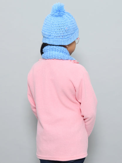 Blue Handmade Woollen Bubble Muffler with Cap Set For Girls