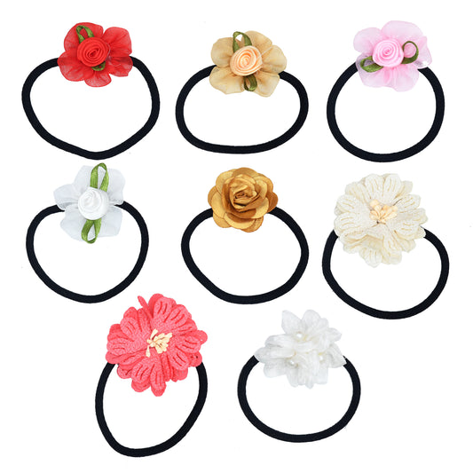 Set of 8 Multicolor Floral Hair Ties for Girls