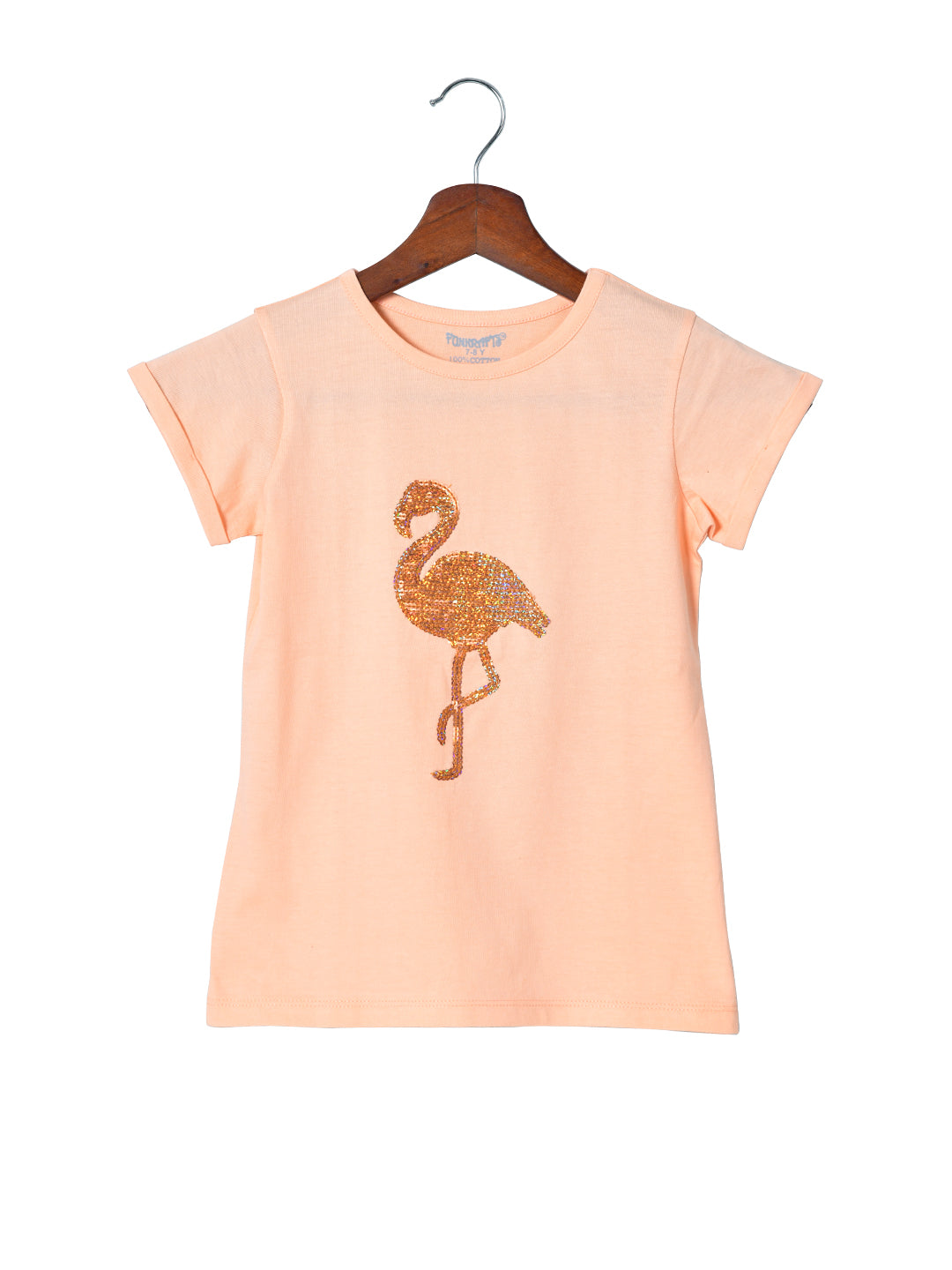 Peach Girls Sequin Printed Cotton T-shirt